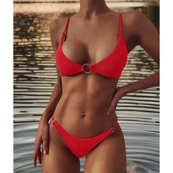Zaful Red O-Ring Bikini Set Medium Women’s Ribbed Triangle Swimwear Two Piece - Picture 1 of 9